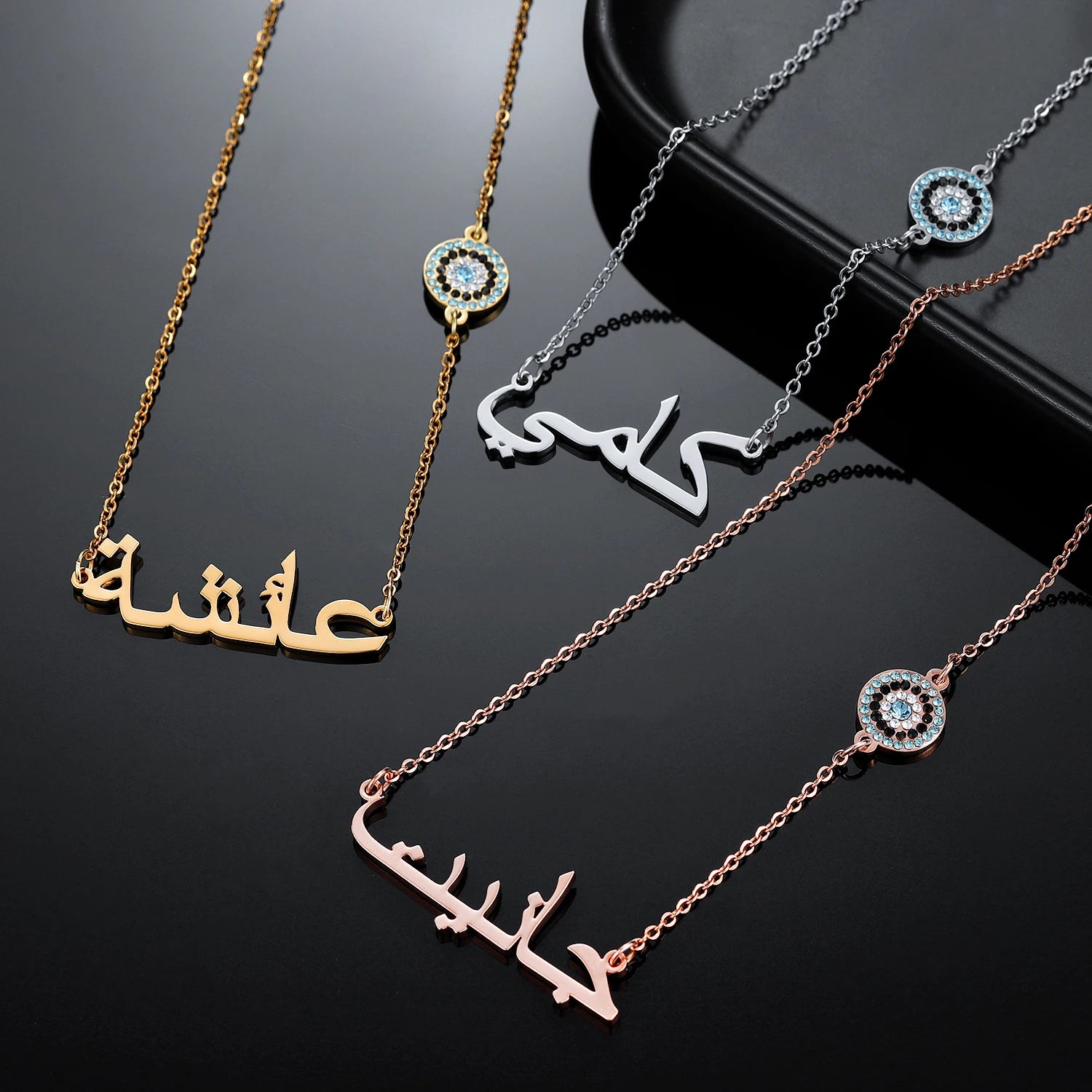 collier avec nom arabe personnalisé, breloque personnalisée mauvais œil, chaîne arabe islamique, bijoux en acier inoxydable pour femmes, cadeau Ramadan