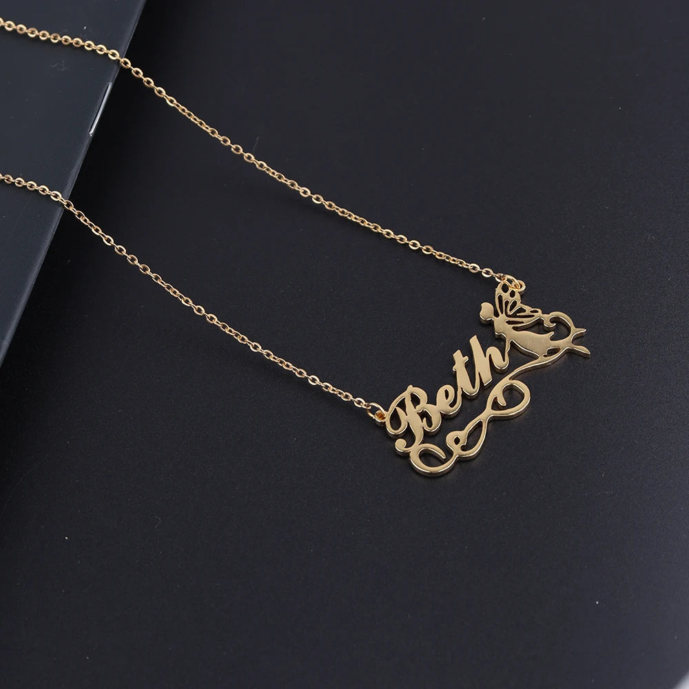 Collier personnalisé avec nom de fée avec ruban, bijoux en acier inoxydable, Note musicale, fleur, beauté pour fille, collier papillon, préféré des femmes