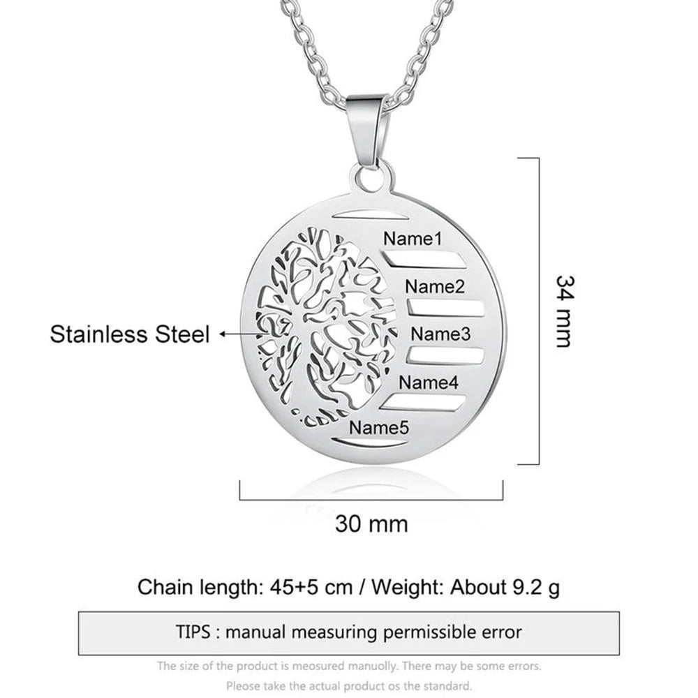 Collier avec nom sculpté de famille arbre de vie pour femmes, chaîne en acier inoxydable, collier personnalisé, bijoux personnalisés, cadeau pour grand-mère