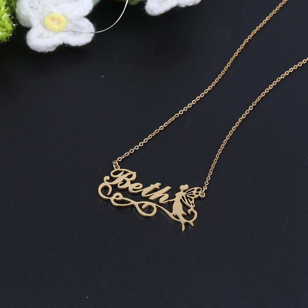 Collier personnalisé avec nom de fée avec ruban, bijoux en acier inoxydable, Note musicale, fleur, beauté pour fille, collier papillon, préféré des femmes