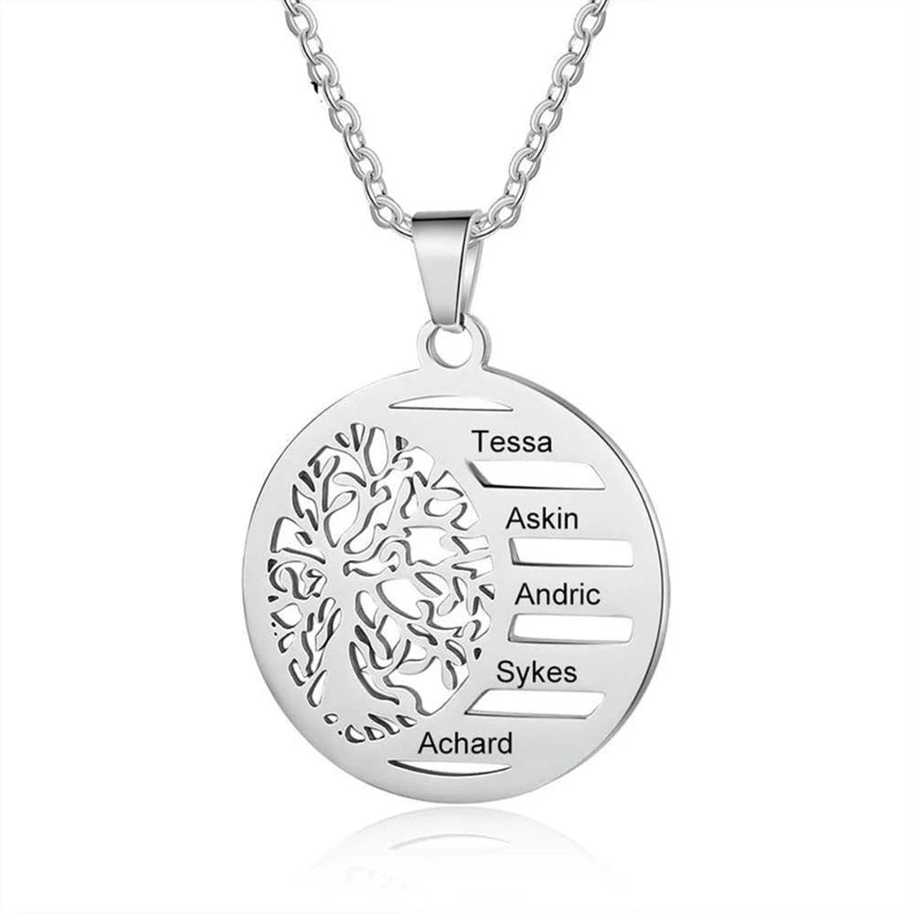 Collier avec nom sculpté de famille arbre de vie pour femmes, chaîne en acier inoxydable, collier personnalisé, bijoux personnalisés, cadeau pour grand-mère