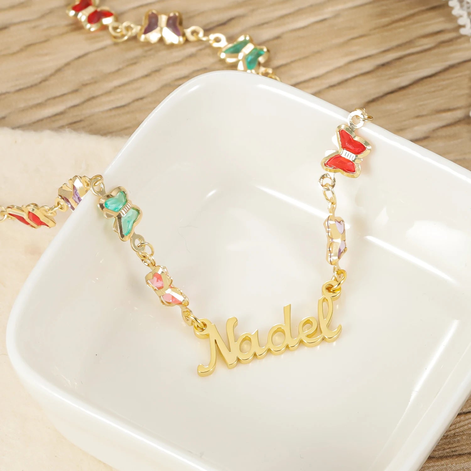 Ensemble collier et bracelet avec nom personnalisé, bijoux en acier inoxydable, papillon coloré 🦋