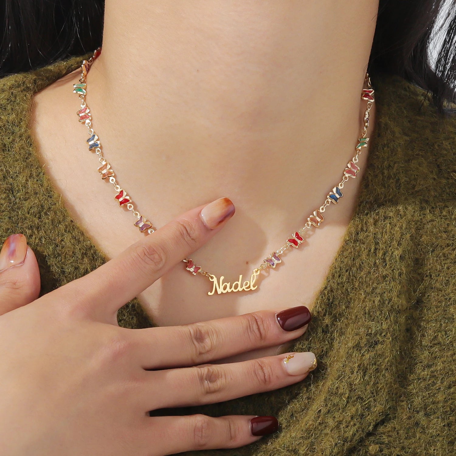 Ensemble collier et bracelet avec nom personnalisé, bijoux en acier inoxydable, papillon coloré 🦋