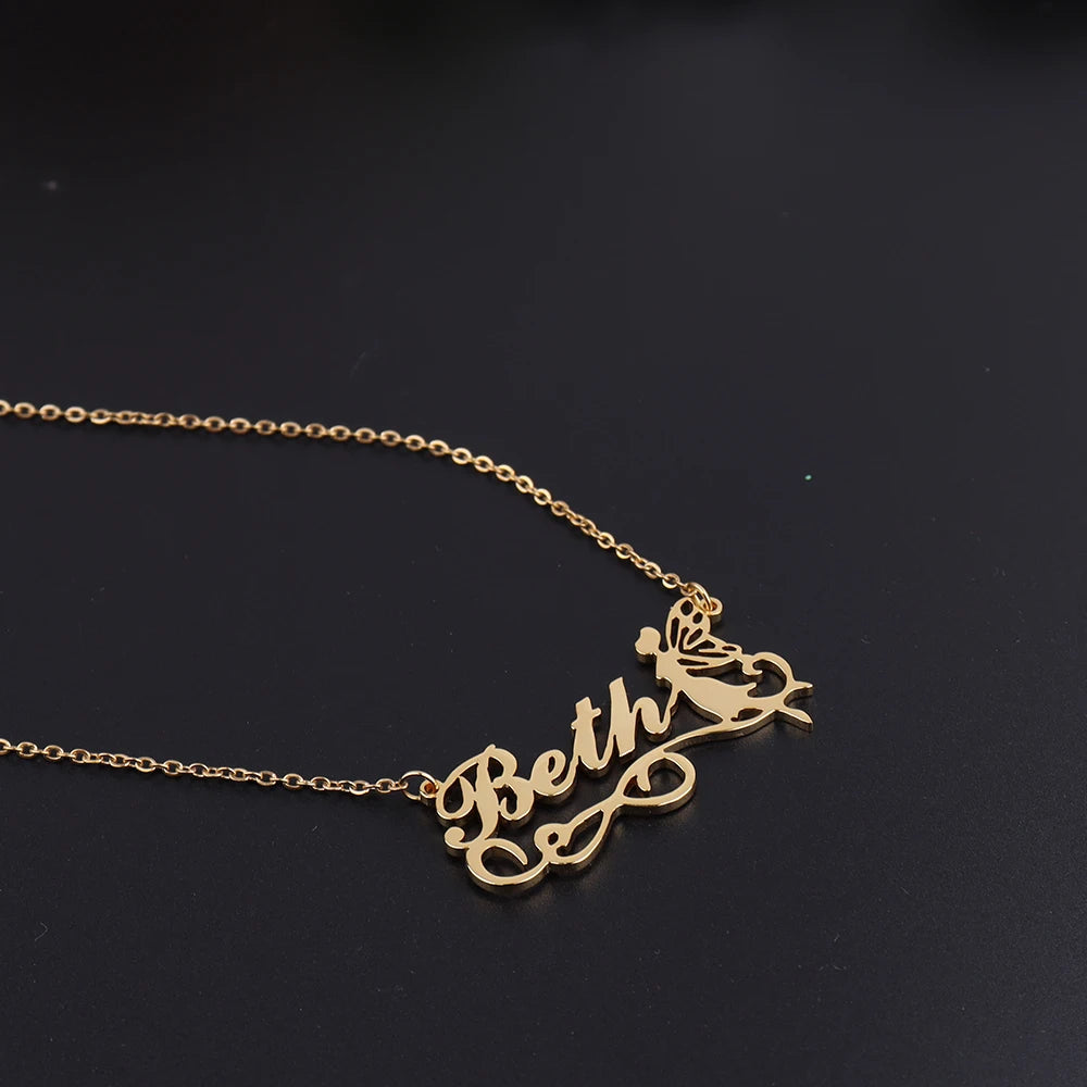 Collier personnalisé avec nom de fée avec ruban, bijoux en acier inoxydable, Note musicale, fleur, beauté pour fille, collier papillon, préféré des femmes
