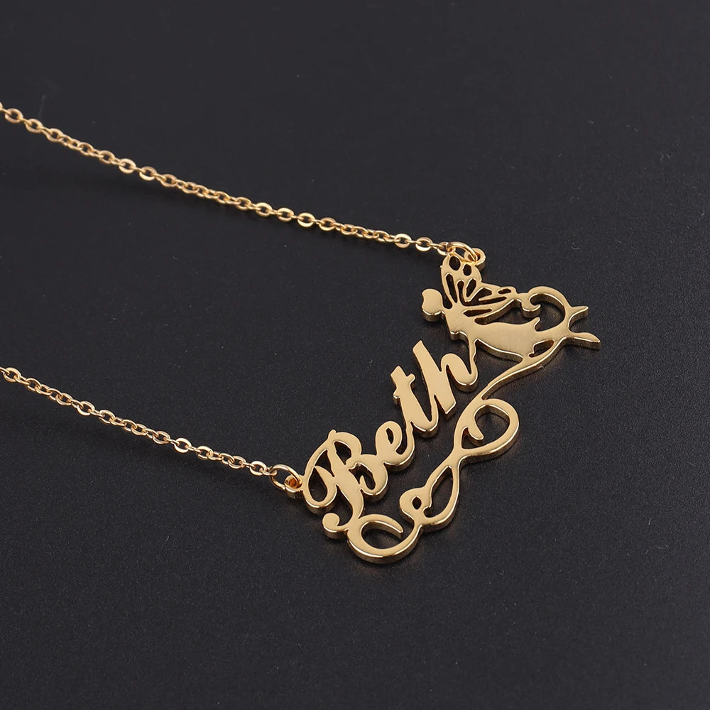 Collier personnalisé avec nom de fée avec ruban, bijoux en acier inoxydable, Note musicale, fleur, beauté pour fille, collier papillon, préféré des femmes