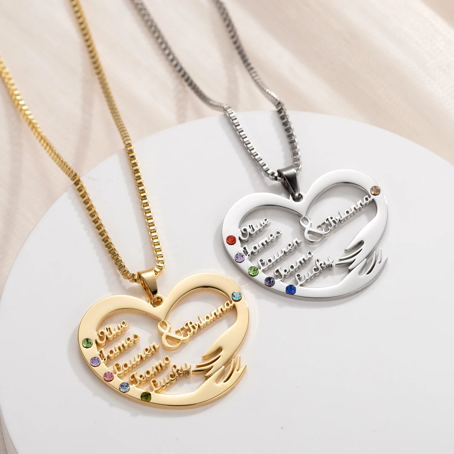Collier avec nom personnalisé avec pierres de naissance, bijoux de famille, pendentif coeur personnalisé, cadeau de fête des mères, mère et enfant
