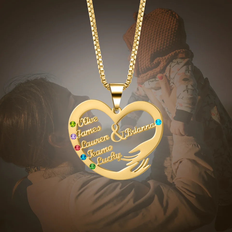 Collier avec nom personnalisé avec pierres de naissance, bijoux de famille, pendentif coeur personnalisé, cadeau de fête des mères, mère et enfant