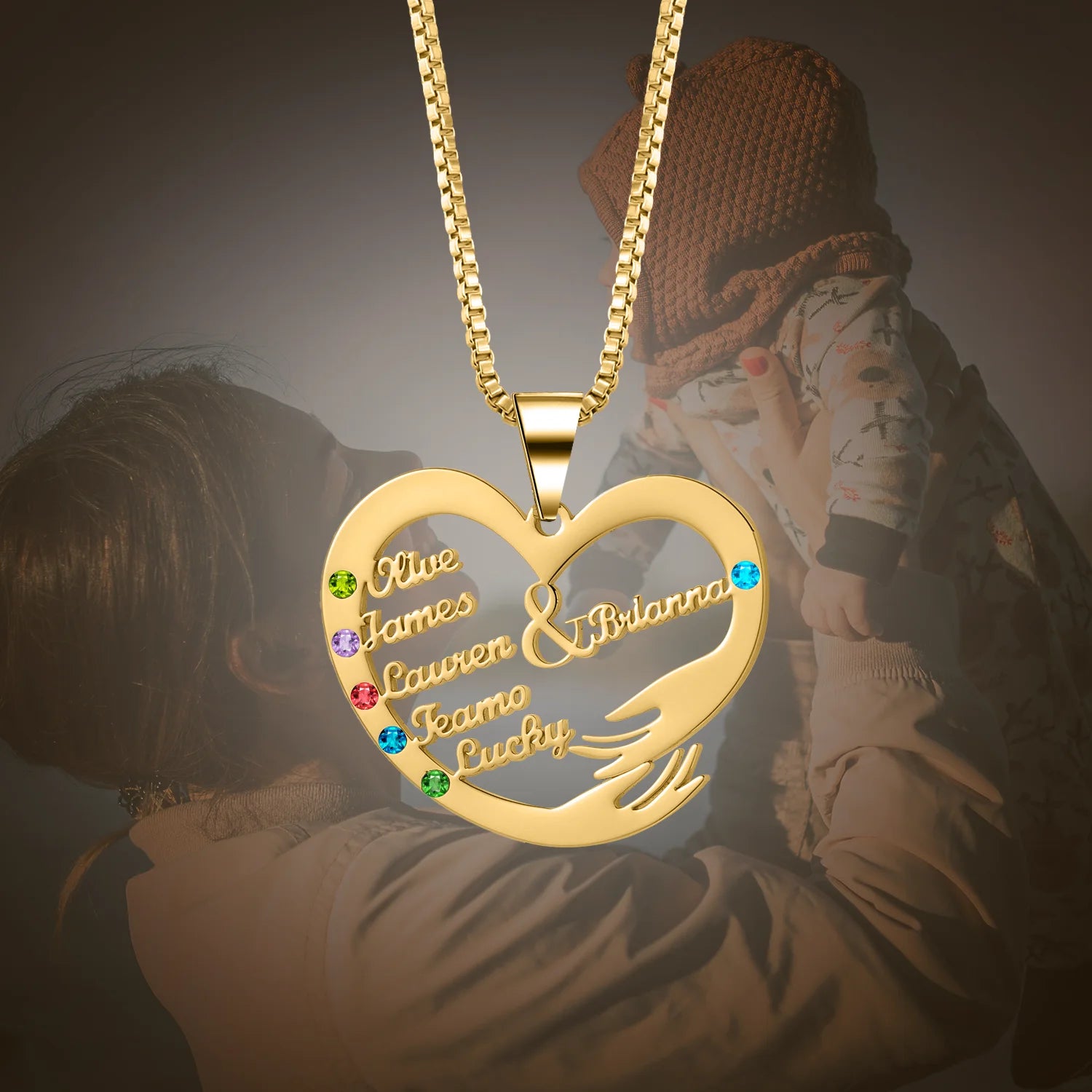 Collier avec nom personnalisé avec pierres de naissance, bijoux de famille, pendentif coeur personnalisé, cadeau de fête des mères, mère et enfant